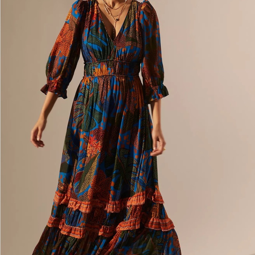 FARM Rio Blue and Orange Ruffled Tiered Maxi Dress NWT Medium
